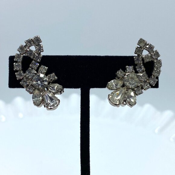 Vintage Rhinestone La Rel Signed Clip On Earrings Crystal Holiday Retro 1-1/2” L - Picture 1 of 9